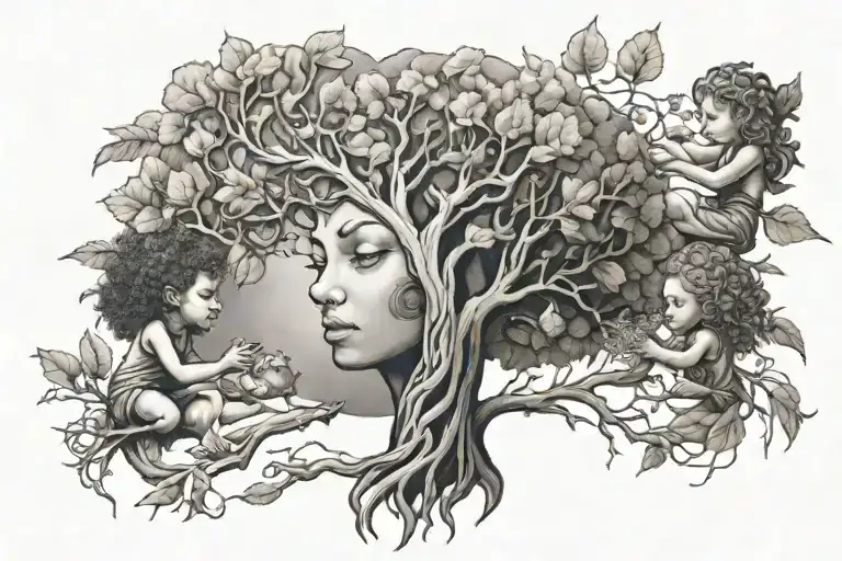 tree Mother Earth children playing tattoo design idea