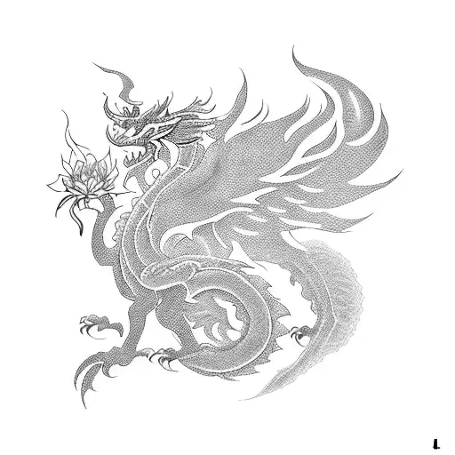 A blackwork tattoo of a mythical creature, half-dragon and half-phoenix, surrounded by vibrant Japanese peonies tattoo design idea