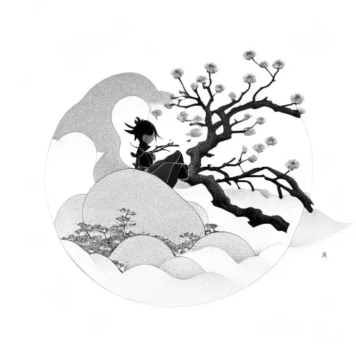 A black-grey tattoo of a serene anime character sitting under a blossoming sakura tree while playing a musical instrument tattoo design idea