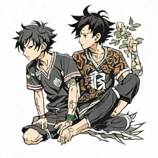 black curly hair boy next to short red haired girl haikyu tattoo design idea