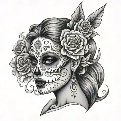 day of the  dead female face with lunar symbols integrated tattoo design idea