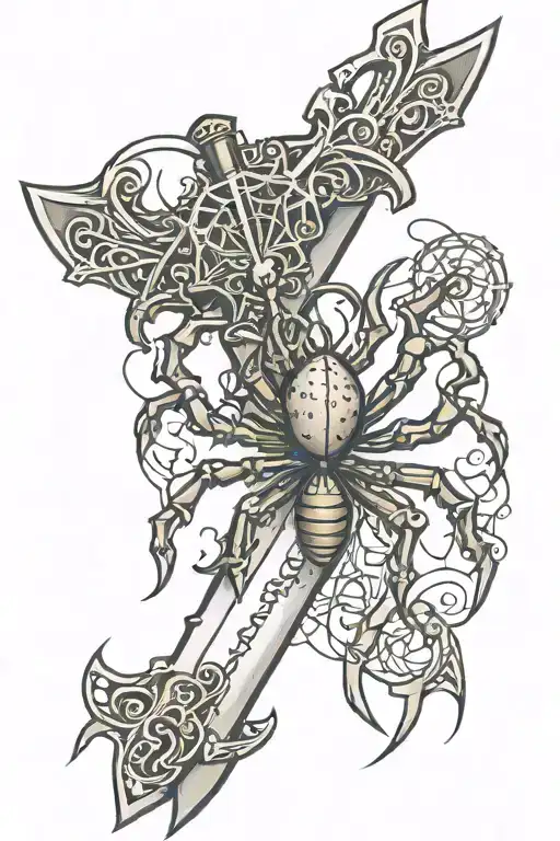 sword with spider handle with ; on abdomen of spider  tattoo design idea