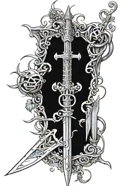 sword with spider handle with ; on abdomen of spider and vines wrapped around the swords tattoo design idea