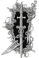 sword with spider handle with ; on abdomen of spider and vines wrapped around the swords tattoo design idea