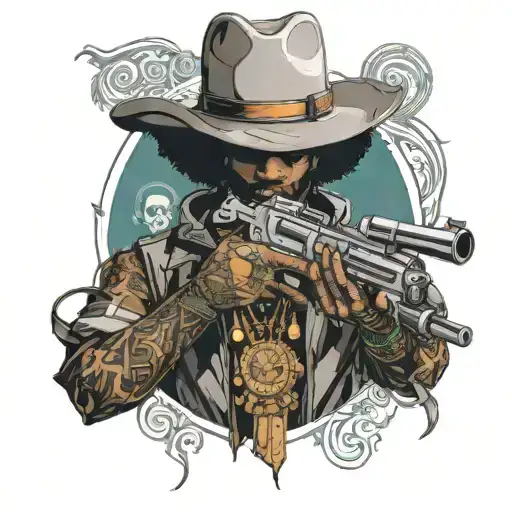 A mysterious Afro-cowboy, clad in futuristic attire with a classic cowboy hat, confidently wields a sci-fi revolver  tattoo design idea
