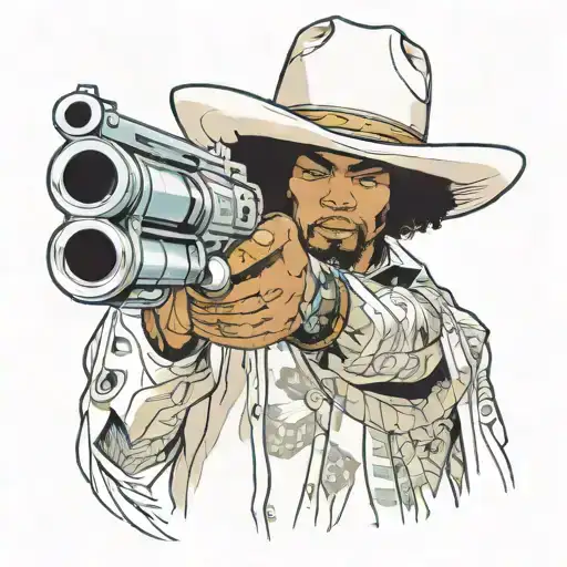 A mysterious Afro-cowboy, clad in futuristic attire with a classic cowboy hat, confidently wields a sci-fi revolver fra  tattoo design idea