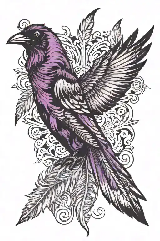 raven feather black and purple tattoo design idea