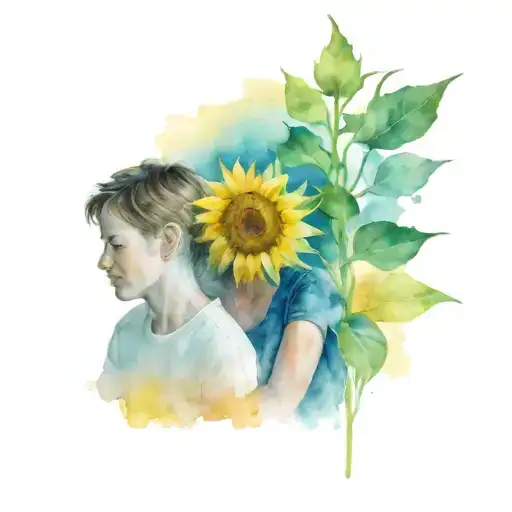 A mother sits next to her son, who is on the autism spectrum. In the background, a painting of sunflowers, evoking the w tattoo design idea