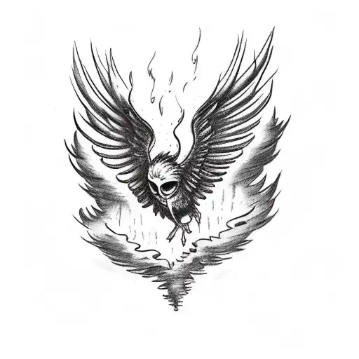 a small Icarus tattoo with wispy smoke and burning wings. should envok feelings of tragedy, loss, and despair. tattoo design idea