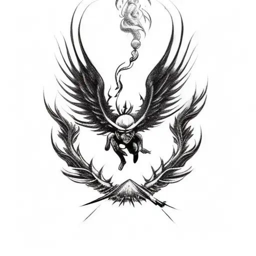 a small fall of Icarus tattoo with wispy smoke and burning wings. should envok feelings of tragedy, loss, and despair. tattoo design idea