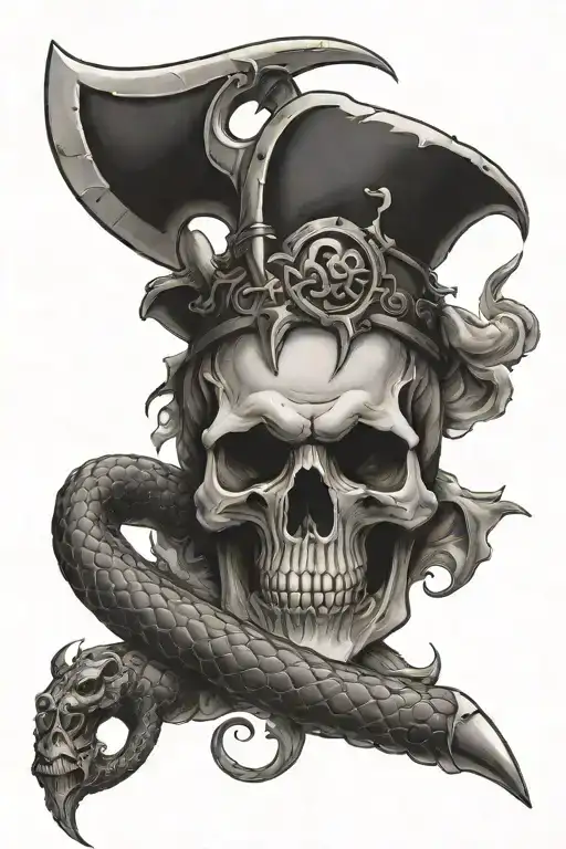battle axe, a skull and a snake tattoo design idea