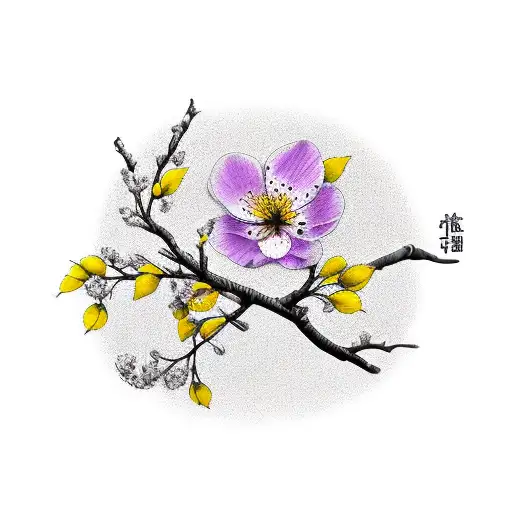 Black, white, yellow and purple Cherry Blossom buds on a branch tattoo design idea
