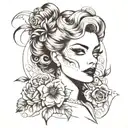 A detailed portrait of a vintage Hollywood starlet with a dark twist, inspired by the client's passion for makeup and horror movies tattoo design idea