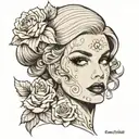 A detailed portrait of a vintage Hollywood starlet with a dark twist, inspired by the client's passion for makeup and horror movies tattoo design idea