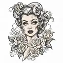 A detailed portrait of a vintage Hollywood starlet with a dark twist, inspired by the client's passion for makeup and horror movies tattoo design idea