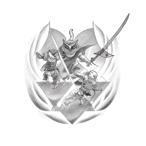 medevil arc angle with sord protecting the names of two children - to be on full shoulder tattoo design idea