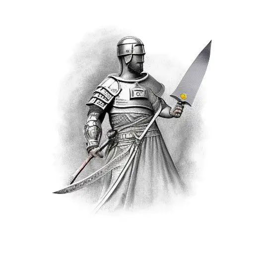 Roman arc angle warrior with sord protecting the names of two children - to be on full shoulder tattoo design idea