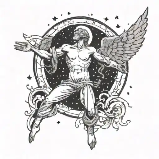 An angelic figure dancing , surrounded by stars and death around him   tattoo design idea