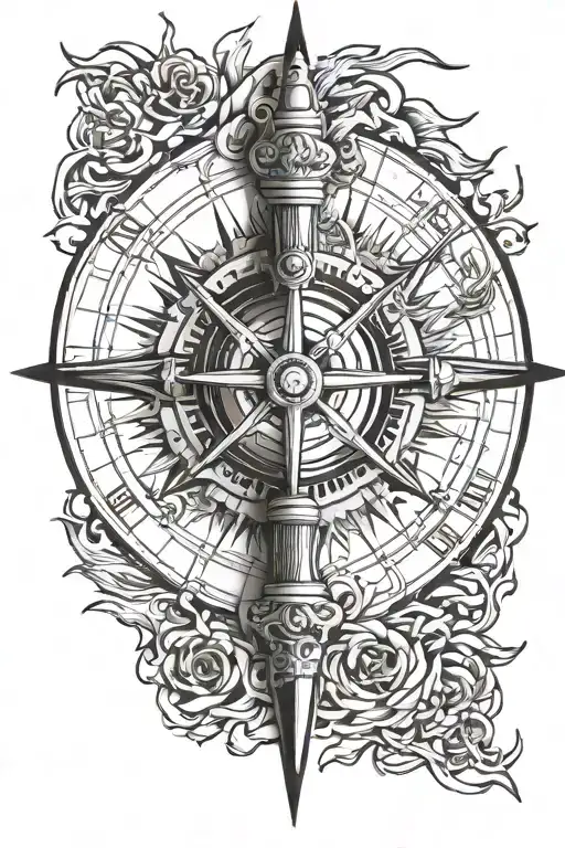 A detailed compass rose with a machine gun incorporated into the design, symbolizing guidance and protection in the wilderness tattoo design idea