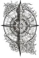 A detailed compass rose with a machine gun incorporated into the design, symbolizing guidance and protection in the wilderness tattoo design idea