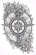 A detailed compass rose with a machine gun incorporated into the design, symbolizing guidance and protection in the wilderness tattoo design idea
