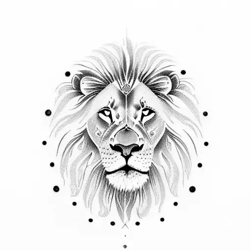 A mesmerizing dotwork tattoo of a tranquil sunset scene with a lion resting peacefully tattoo design idea