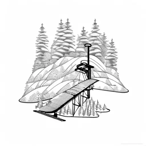 mountains with snow and Ski lift and a snowboard tattoo design idea