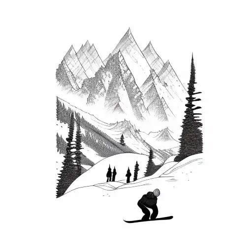 snowboard and mountains tattoo design idea
