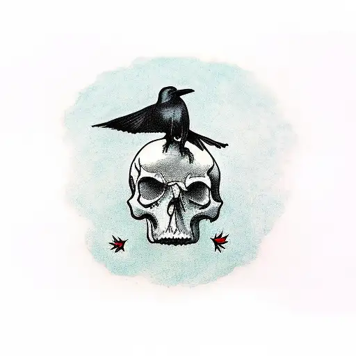 a crow landing on a red human skull lying on the grass. tattoo design idea