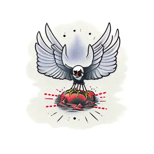a crow landing on a red human skull lying on the grass. tattoo design idea
