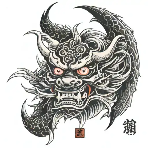 dragon and a oni mask tattoo design idea