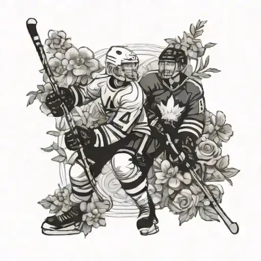 A portrait of Addison and Jack in a playful hockey-themed setting surrounded by blooming garden flowers tattoo design idea