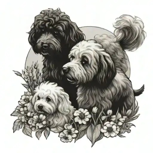 A black and grey tattoo of a mini golden doodle and a Bichon Frise playing together in a field of flowers tattoo design idea