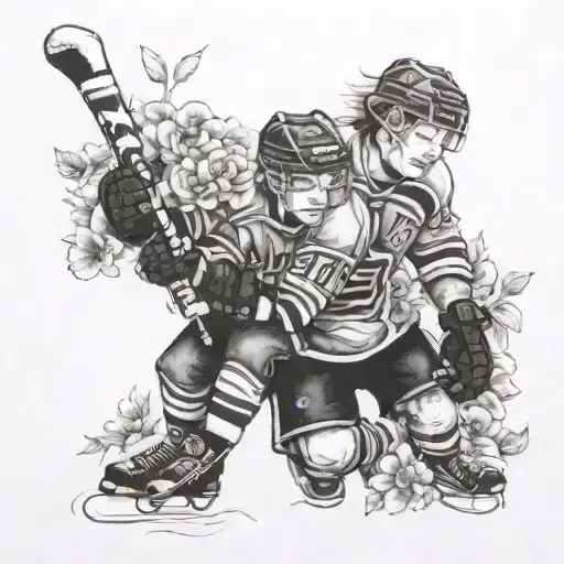 A portrait of Addison and Jack Names in a playful hockey-themed setting surrounded by blooming garden flowers tattoo design idea