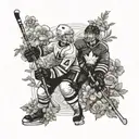 A portrait of Addison and Jack in a playful hockey-themed setting surrounded by blooming garden flowers tattoo design idea