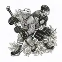 A portrait of Addison and Jack in a playful hockey-themed setting surrounded by blooming garden flowers tattoo design idea