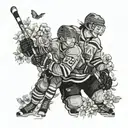 A portrait of Addison and Jack in a playful hockey-themed setting surrounded by blooming garden flowers tattoo design idea
