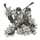 A portrait of Addison and Jack in a playful hockey-themed setting surrounded by blooming garden flowers tattoo design idea