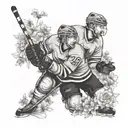 A portrait of Addison and Jack Names in a playful hockey-themed setting surrounded by blooming garden flowers tattoo design idea