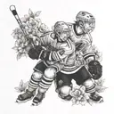 A portrait of Addison and Jack Names in a playful hockey-themed setting surrounded by blooming garden flowers tattoo design idea
