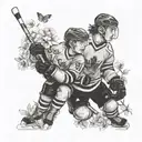 A portrait of Addison and Jack Names in a playful hockey-themed setting surrounded by blooming garden flowers tattoo design idea