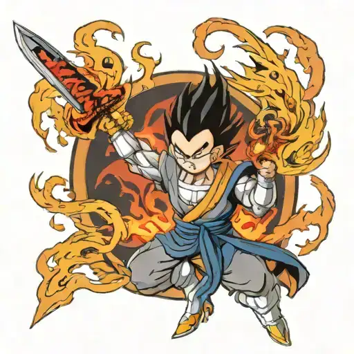 vegeta wearing robe from Akatsuki clan, holding Ichigo's sword from Bleach, with the flame mark from demon slayer  tattoo design idea