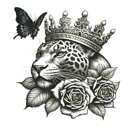 rose with black panther with crown on top tattoo design idea