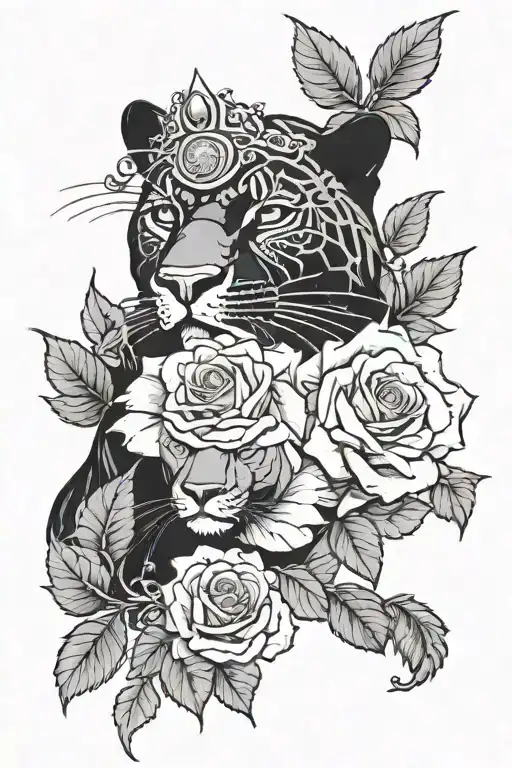 roses with black panther with the queen's crown on top tattoo design idea