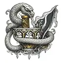 white snake wrapped around a flask dripping venom in a chalice  tattoo design idea