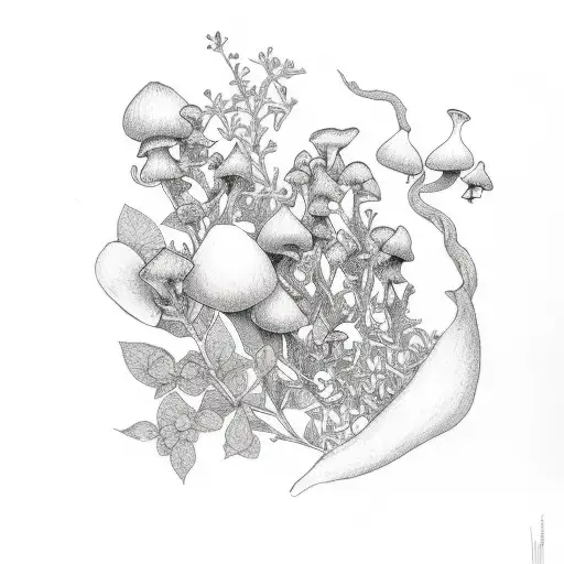 jasmine blossom with mushrooms and Virginia creeper with the word hiya wrapped in tattoo design idea