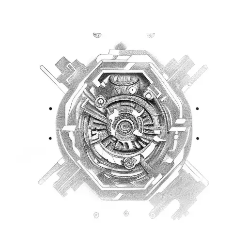 A car engine with intricate details and gears inspired by video game aesthetics tattoo design idea