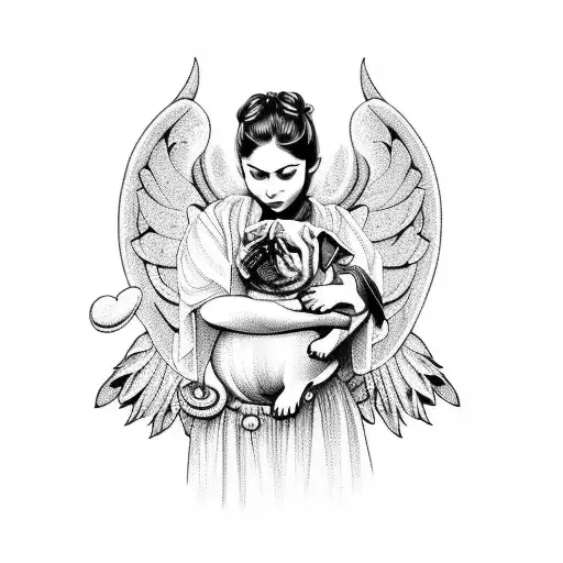 A detailed blackwork tattoo of a guardian angel holding a pug in its arms. tattoo design idea