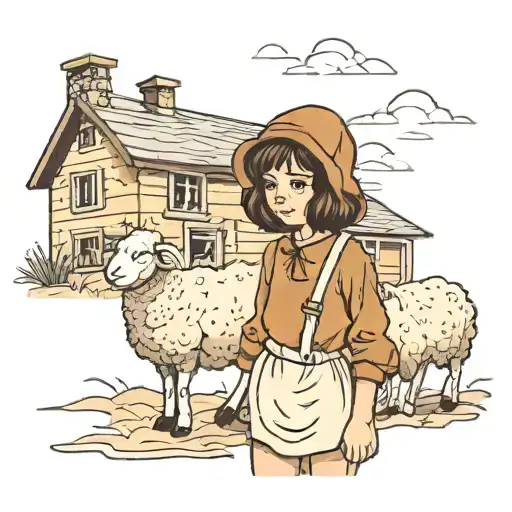 girl with brown wavy bob standing in front of a cottage in a sheep costume  tattoo design idea