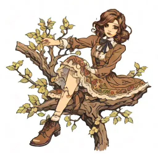 girl with brown wavy bob sitting on a tree in lolita fashion  tattoo design idea